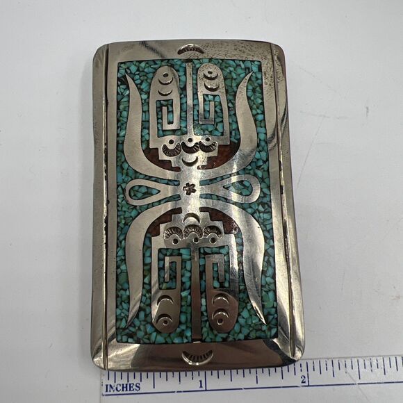 Color, craftsmanship, and quiet legacy in silver. 💫✨ This  Vintage Southwest Belt Buckle Inlay Turquoise Coral 3x2” Signed \